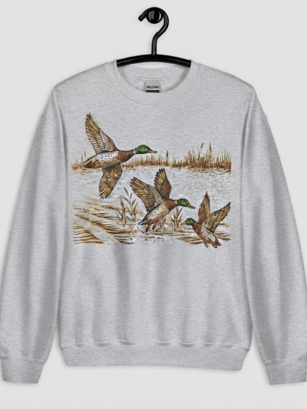 Gildan Ash Grey Wild Ducks Crewneck Graphic Sweatshirt